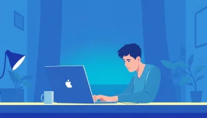 Trabajando en freelance jobs online desde casa, persona concentrada en su computadora portátil.