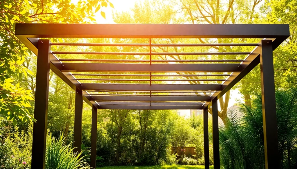 Enjoy a beautifully designed modern steel pergola in a lush garden setting, ideal for outdoor relaxation.