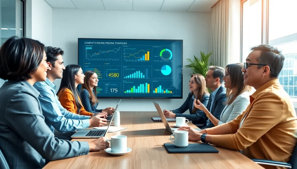 Analyze competitor pricing strategies in a professional business meeting with diverse team.