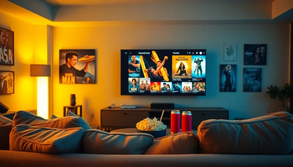 ดูหนังออนไลน์ ภายในห้องนั่งเล่นสมัยใหม่ที่มีความอบอุ่นและสะดวกสบาย.