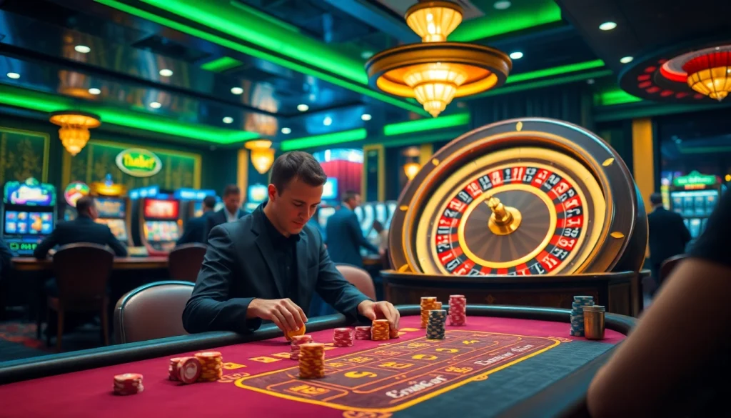 Players immersed in a thrilling game at THABET casino, surrounded by vibrant gambling action.
