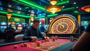Players immersed in a thrilling game at THABET casino, surrounded by vibrant gambling action.