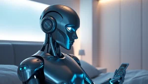 AI sex robot in a modern bedroom, showcasing advanced technology and intimacy.