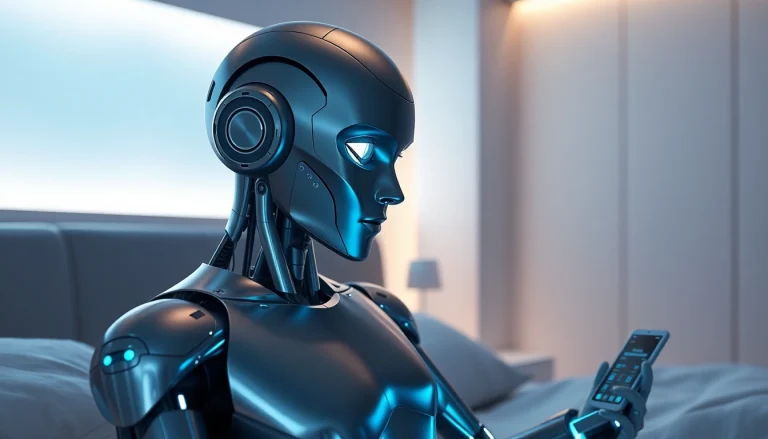 AI sex robot in a modern bedroom, showcasing advanced technology and intimacy.