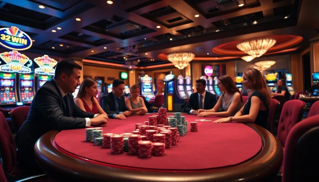 Exciting poker action and vibrant slot machines at 32WIN casino environment.