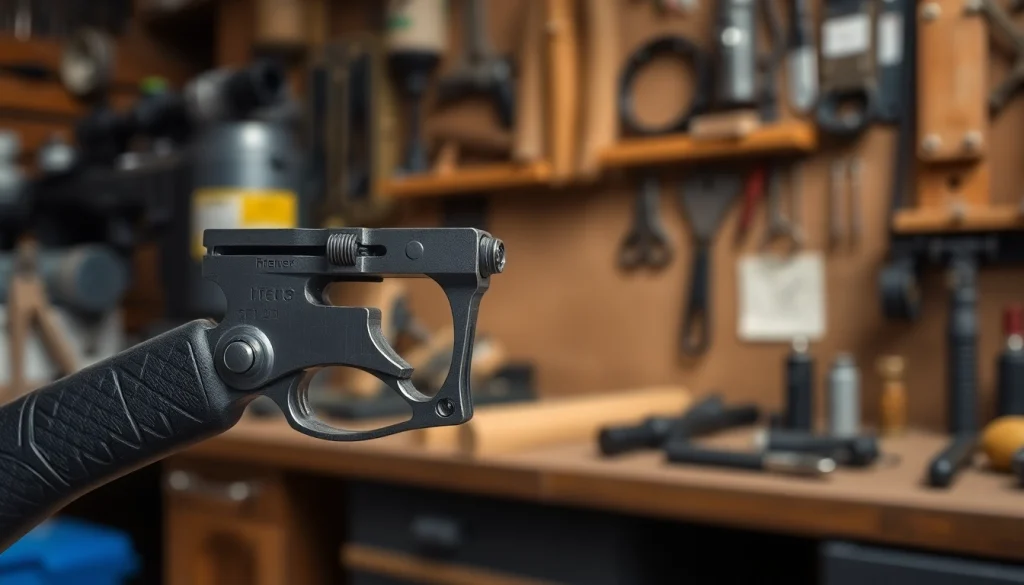 Crafting a 3 position forced reset trigger showcasing detailed mechanics in a professional workshop.