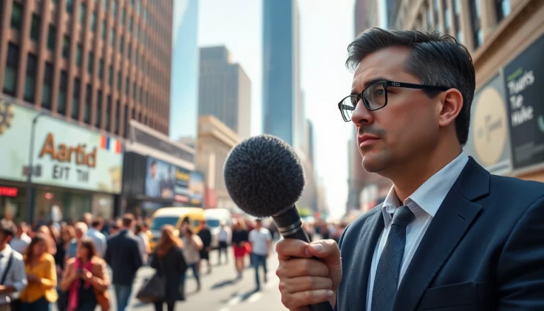 Capture news coverage at https://news-parade.com.ua with a professional reporter in an urban landscape.