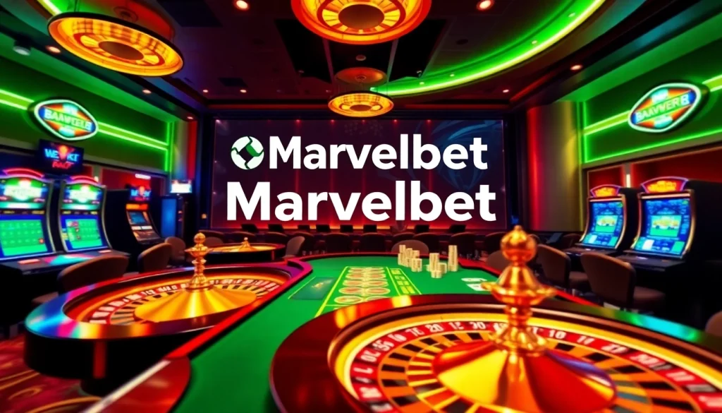 Marvelbet engaging players at a vibrant casino table with roulette wheel and cards.