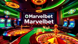 Marvelbet engaging players at a vibrant casino table with roulette wheel and cards.