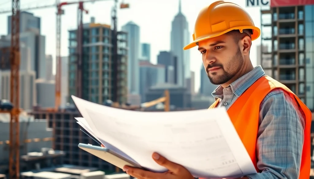 New York Construction Manager reviewing plans at a construction site with urban skyline background.