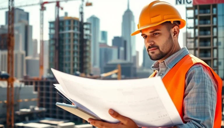 New York Construction Manager reviewing plans at a construction site with urban skyline background.