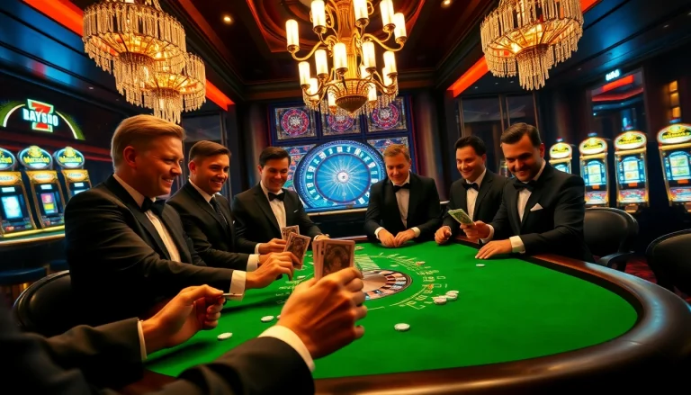 Engaging Go8 poker game action at a luxurious casino table with players showing excitement.