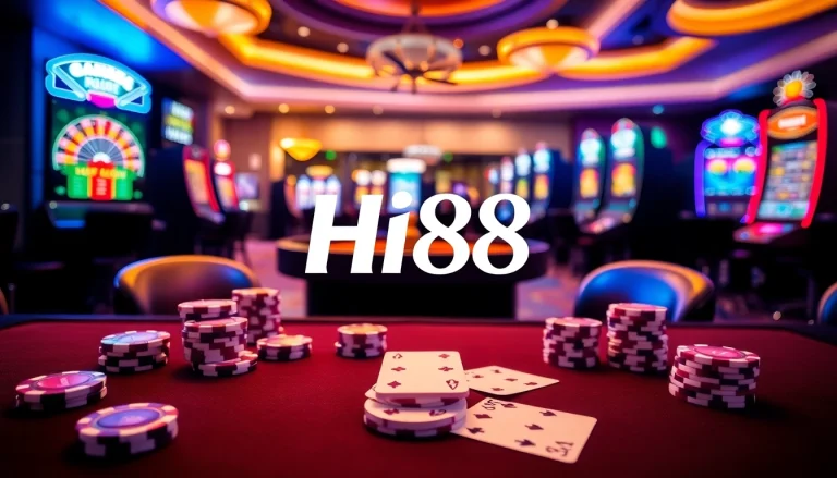 Exciting gambling scene featuring Hi88 branding with poker chips and a roulette wheel.