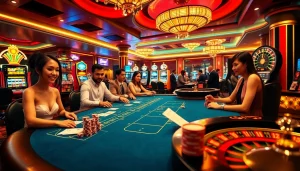 Engaging scene of jeetbuzz ক্যাসিনো with players enjoying blackjack and slot machines.