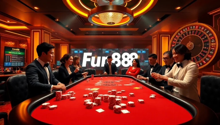 Exciting Fun88 casino gaming scene with vibrant players, luxurious table, and engaging atmosphere.