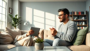 Engaging couple interacts with AI assistant about sex ai in a modern living room.