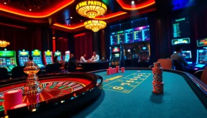 Exciting moment at V9bet with players engaged in a poker game surrounded by vibrant casino elements.