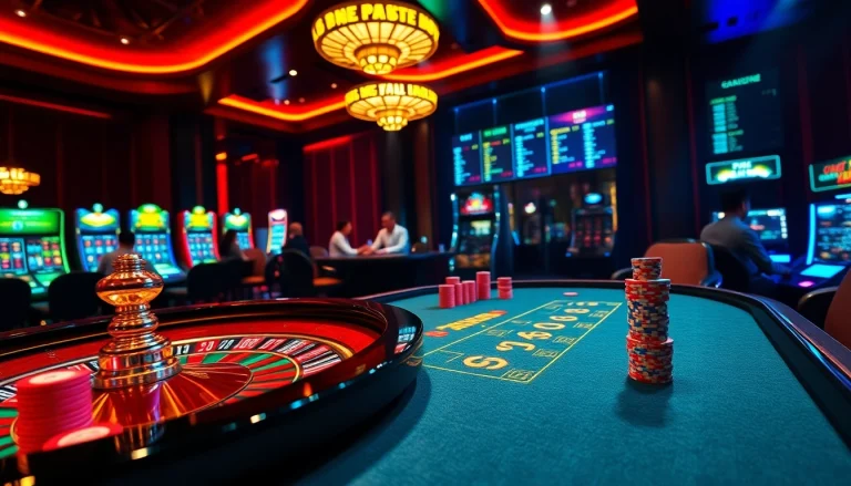 Exciting moment at V9bet with players engaged in a poker game surrounded by vibrant casino elements.