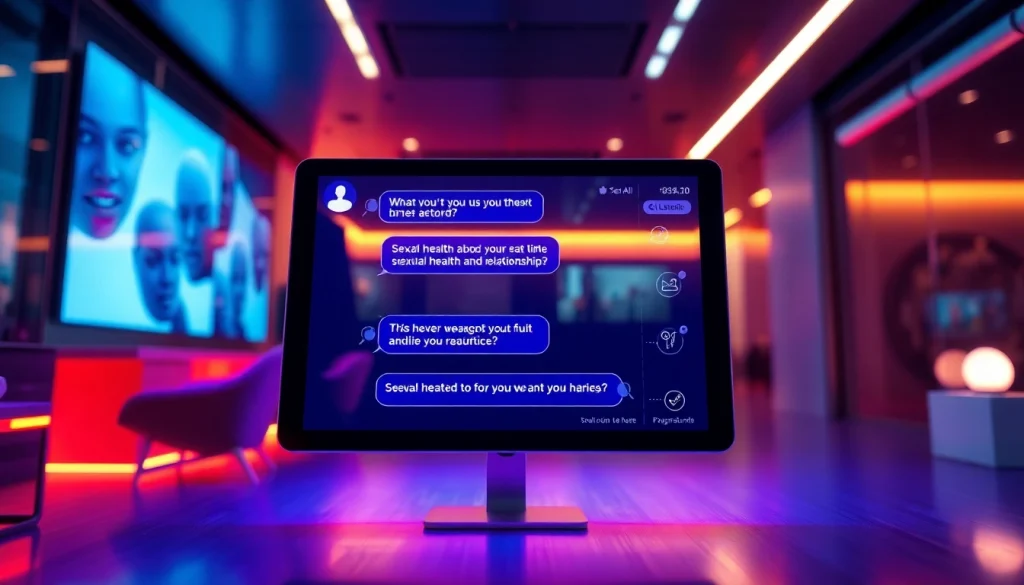 Engaging scene depicting a modern AI chatbot discussing sex AI topics, showcasing innovative technology.