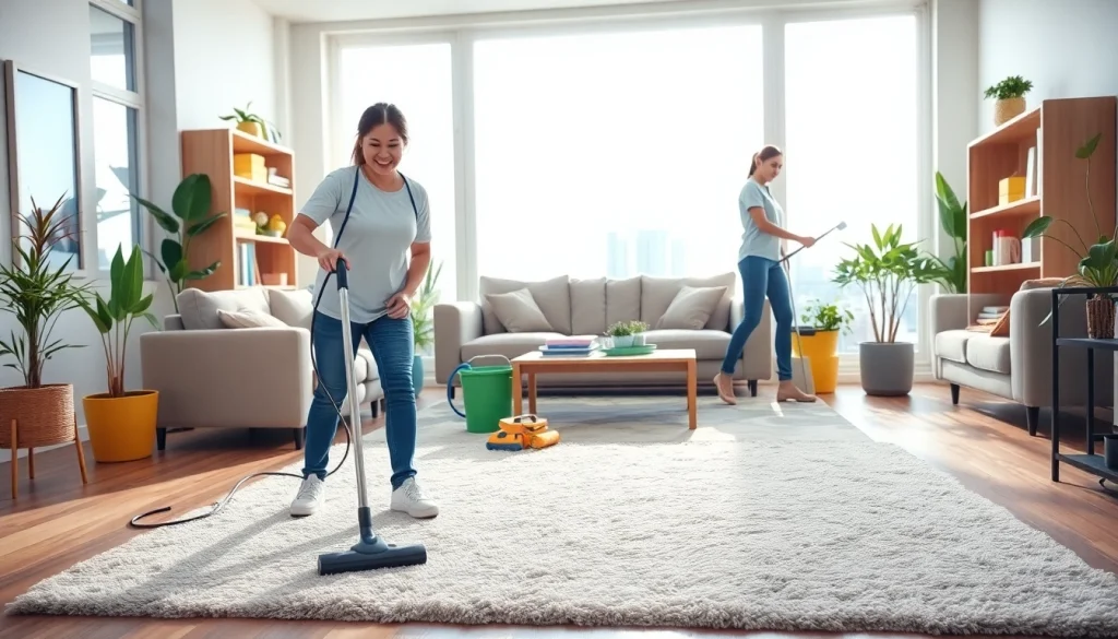 Cleaning company team providing professional services in a modern home interior, emphasizing teamwork and cleanliness.