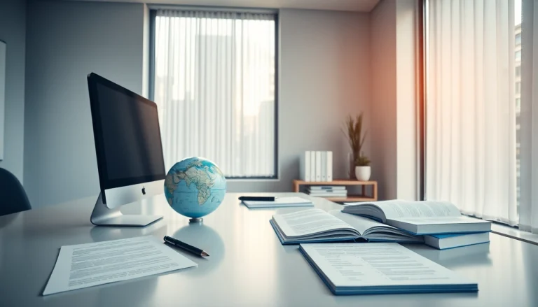 Traducteur assermenté certifié (traducteur assermenté anglais) travaillant dans un cadre de bureau professionnel multilingue.