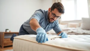 Inspecting for bed bugs at https://affordablebedbugexterminators.com, showcasing a technician in a modern bedroom.
