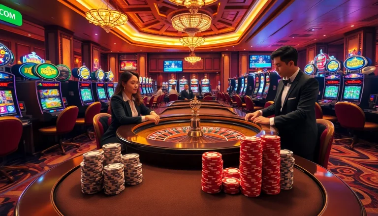 Experience the excitement at KJC.COM with luxurious gambling scenes featuring roulette tables and poker chips.
