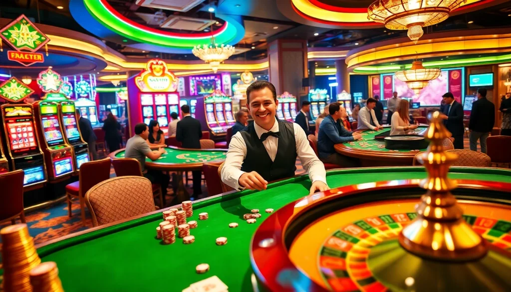 Engaging image of players at MMOO casino, featuring vibrant tables and exciting slot machines.