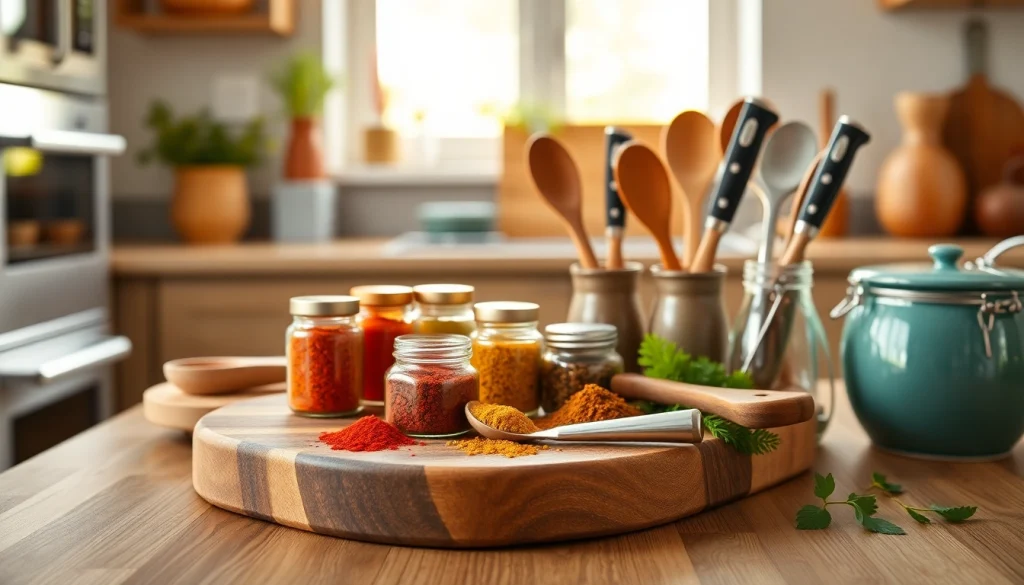 Showcase kitchenware gift ideas NZ with an elegant cutting board featuring artful knives and colorful spices.