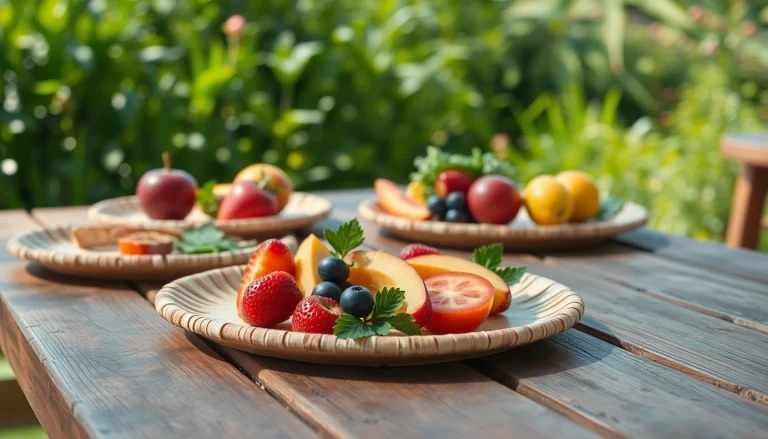 Beautifully arranged compostable sugarcane plates with fresh fruits, highlighting eco-friendly dining.