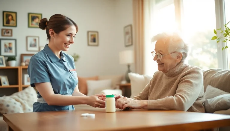 Elderly care maid assisting an elderly woman with medications in a cozy living room.