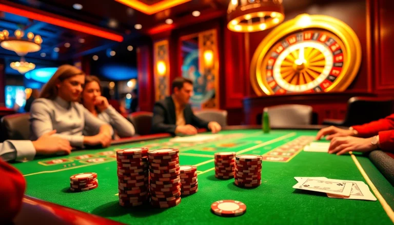 Players strategizing at a vibrant poker table in RR88 casino, showcasing action and excitement.