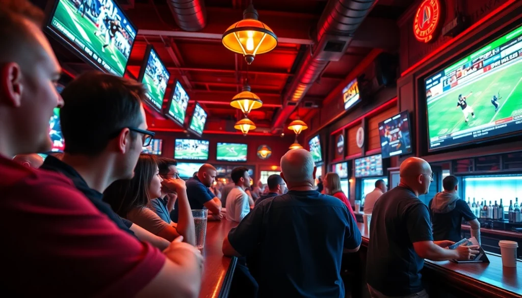 Engaged fans enjoy sports betting in Texas at a lively sports bar filled with excitement.