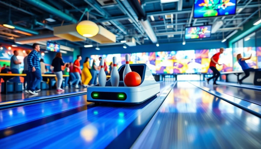 String bowling manufacturer showcasing the innovative EV99 machine in a vibrant bowling alley, emphasizing its advanced technology and efficiency.