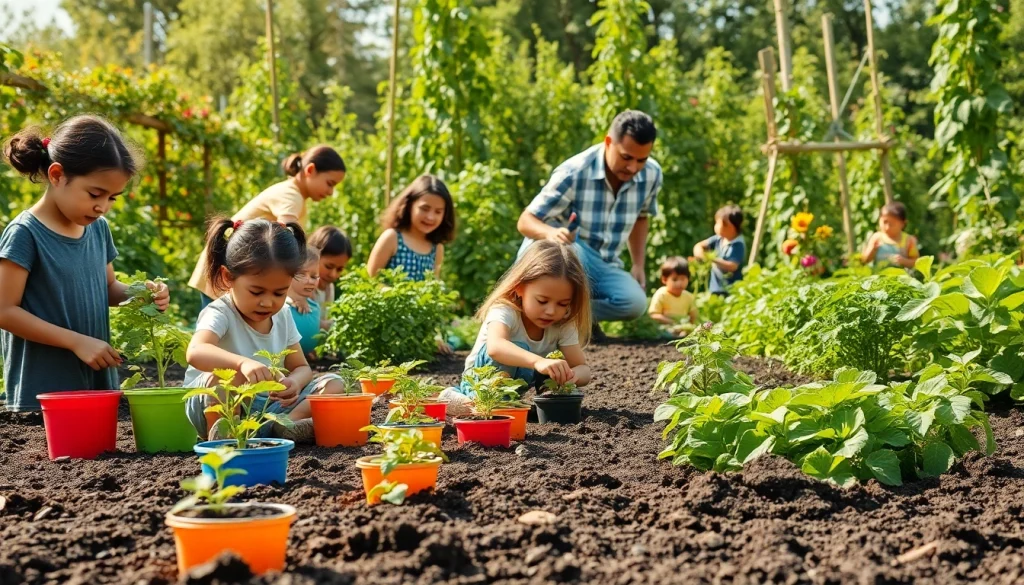 Engage in Gardening as families cultivate a vibrant community garden, promoting togetherness.