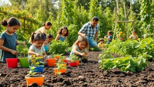 Engage in Gardening as families cultivate a vibrant community garden, promoting togetherness.