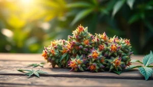 Examine the stunning miami runtz strain buds with vibrant colors and rich textures on a rustic surface.