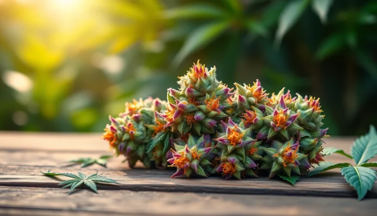 Examine the stunning miami runtz strain buds with vibrant colors and rich textures on a rustic surface.