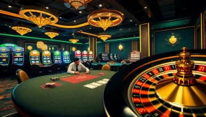 Exciting casino scene showcasing players at a poker table and vibrant slot machines at trang chủ 789win.