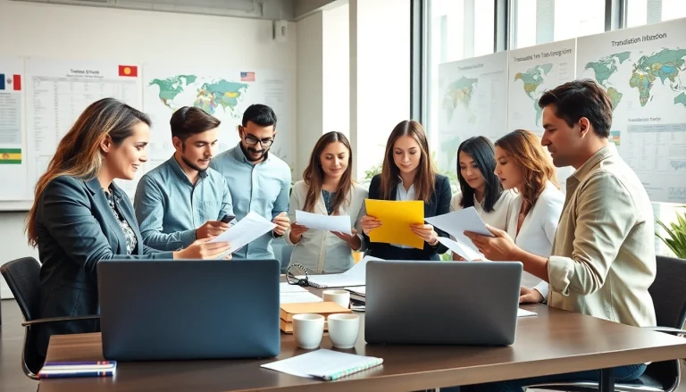 Traduction de documents professionnels sur translatecompany.fr avec une équipe diversifiée.