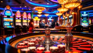 Experience the excitement of THABET at a vibrant casino with roulette, poker chips, and engaging players.