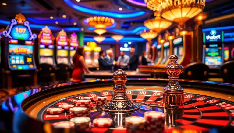 Experience the excitement of THABET at a vibrant casino with roulette, poker chips, and engaging players.