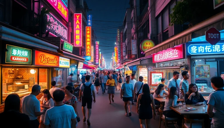 Experience 베트남밤문화 through a vibrant night scene filled with neon lights and lively nightlife activities.