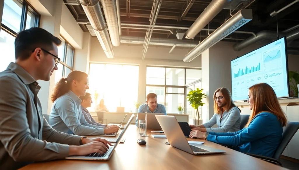 Team of social media marketing companies edmonton strategizing in a modern office