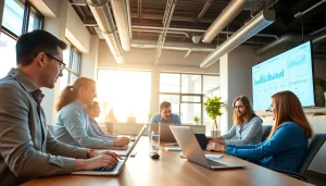 Team of social media marketing companies edmonton strategizing in a modern office