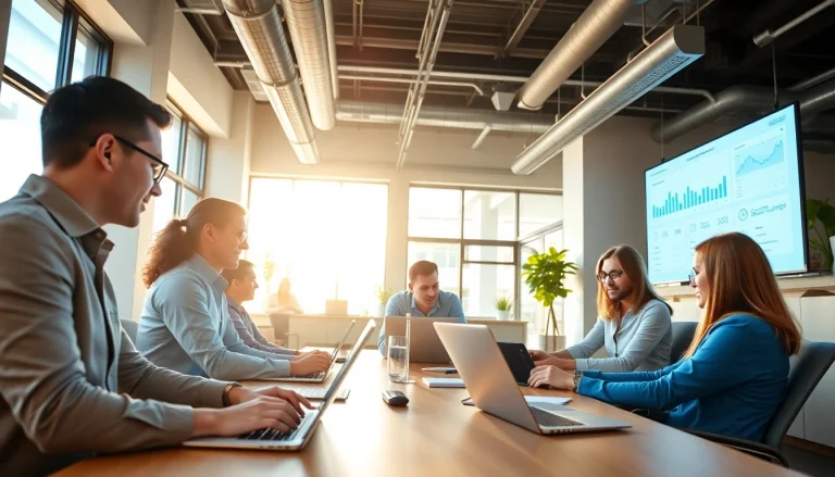 Team of social media marketing companies edmonton strategizing in a modern office