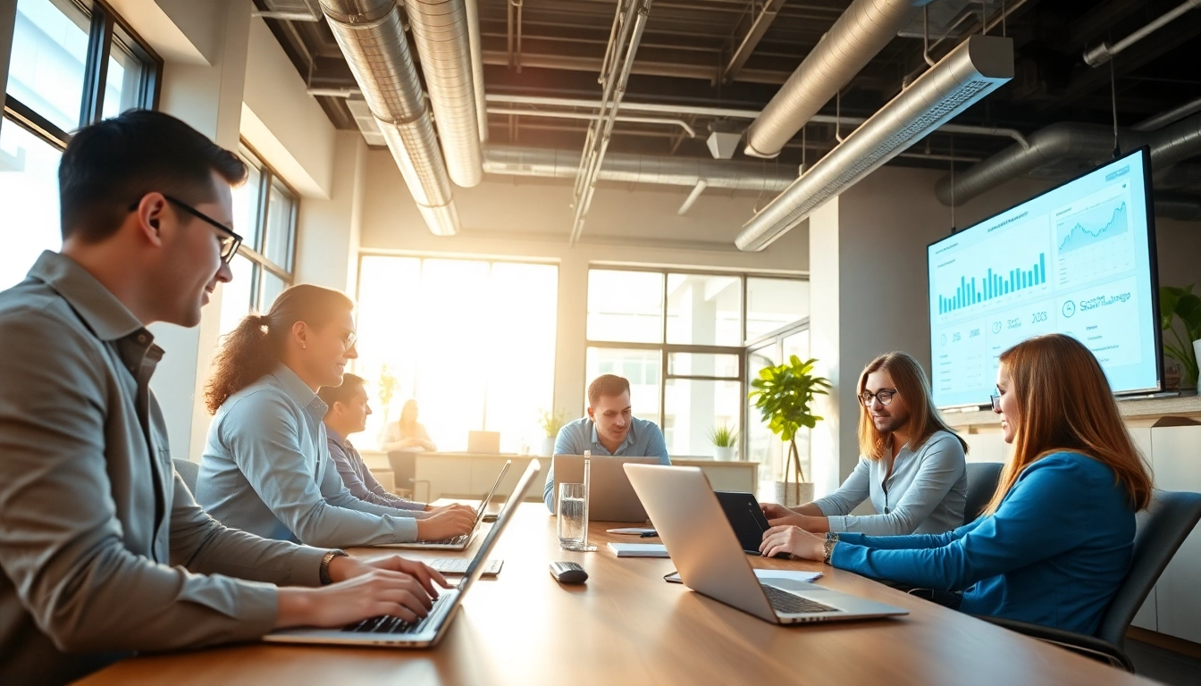 Team of social media marketing companies edmonton strategizing in a modern office