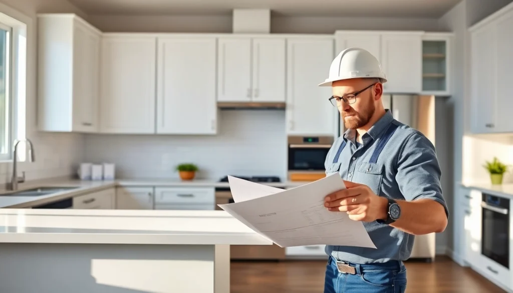 Home renovation contractor reviewing plans in a modern kitchen with stylish features.