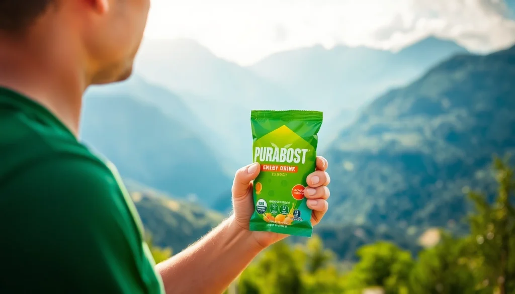 Puraboost energy drink mix enjoyed in a natural outdoor setting for vitality.