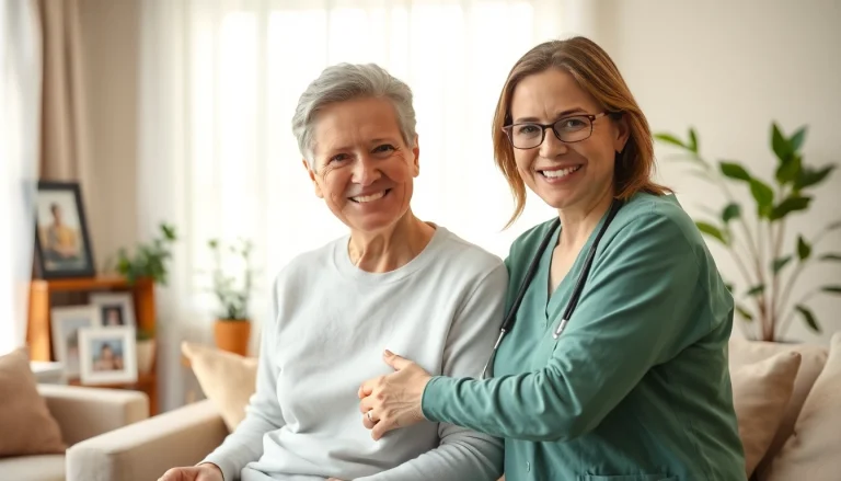 Senior receiving in home care austin tx with a professional caregiver in a cozy living room.